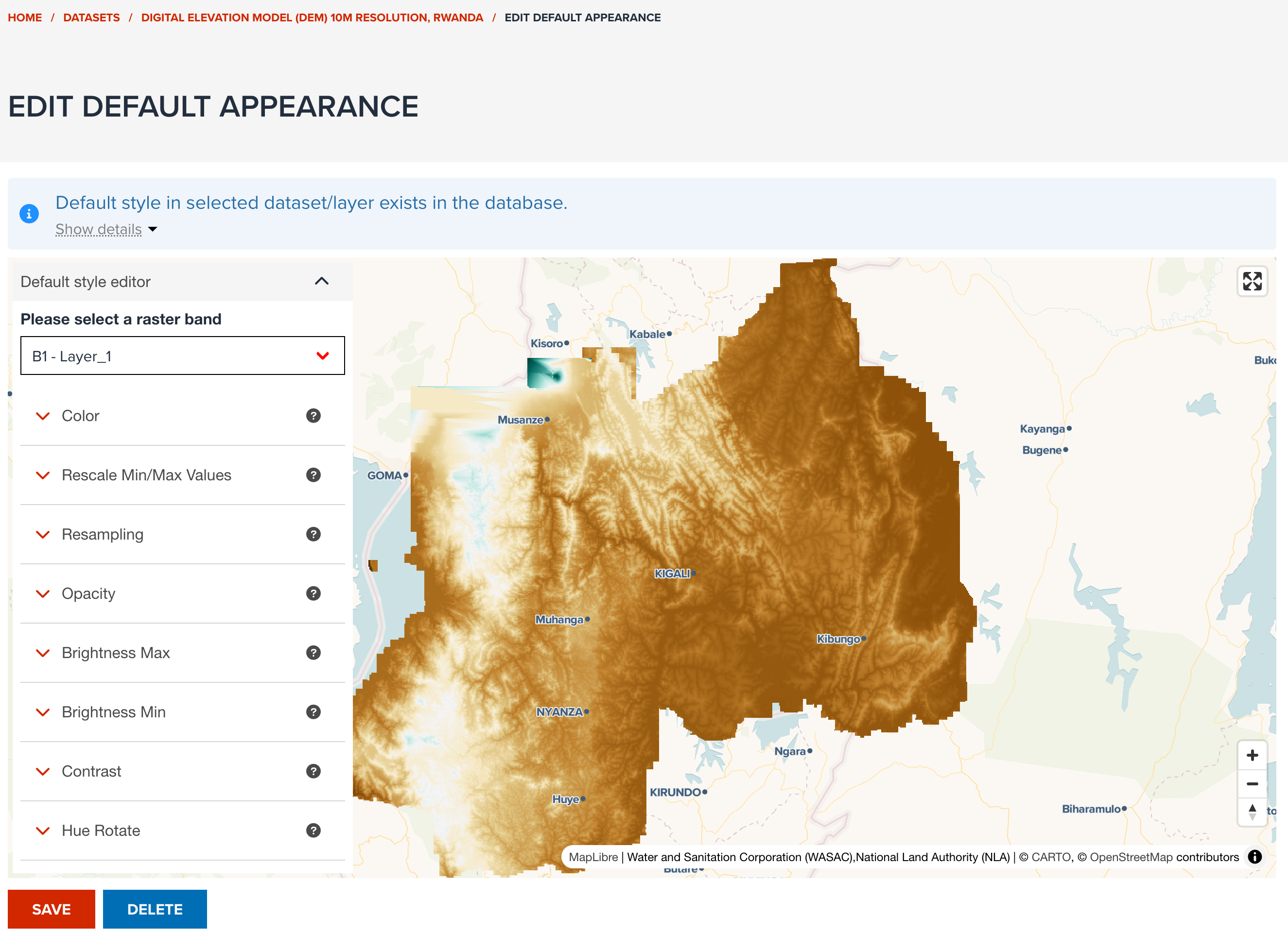 Default appearance edit page for an example dataset