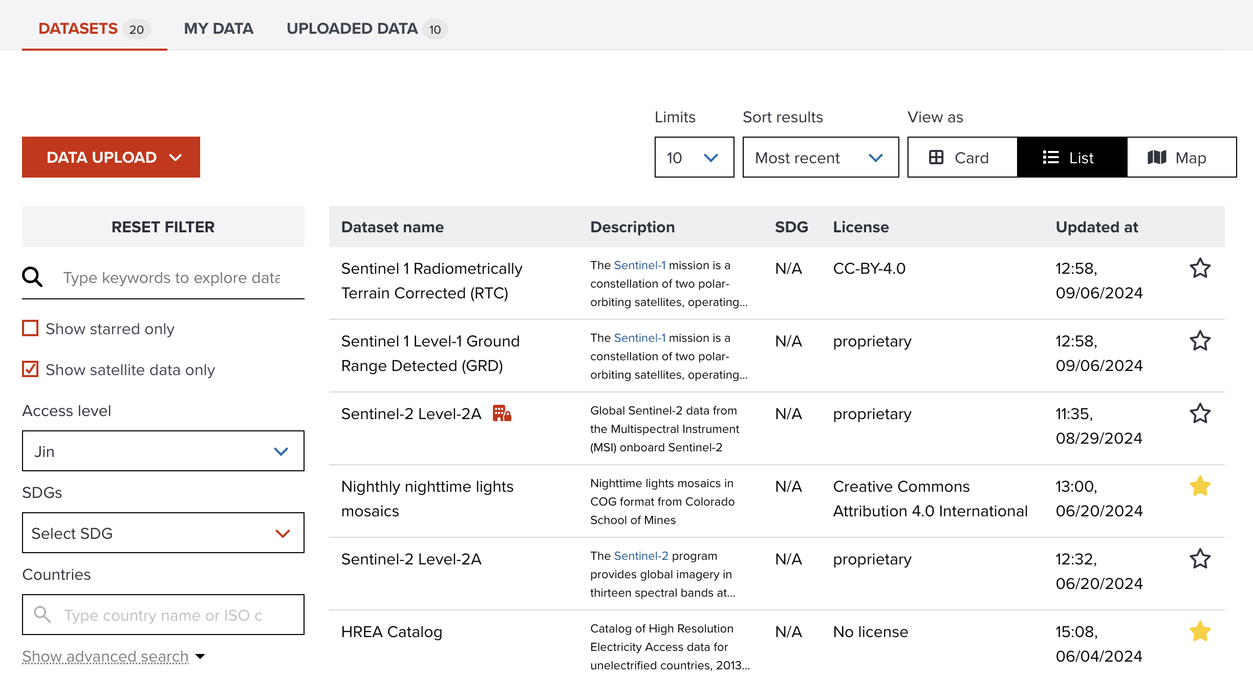 The list of satellite datasets at Datasets page after applying satellite filter