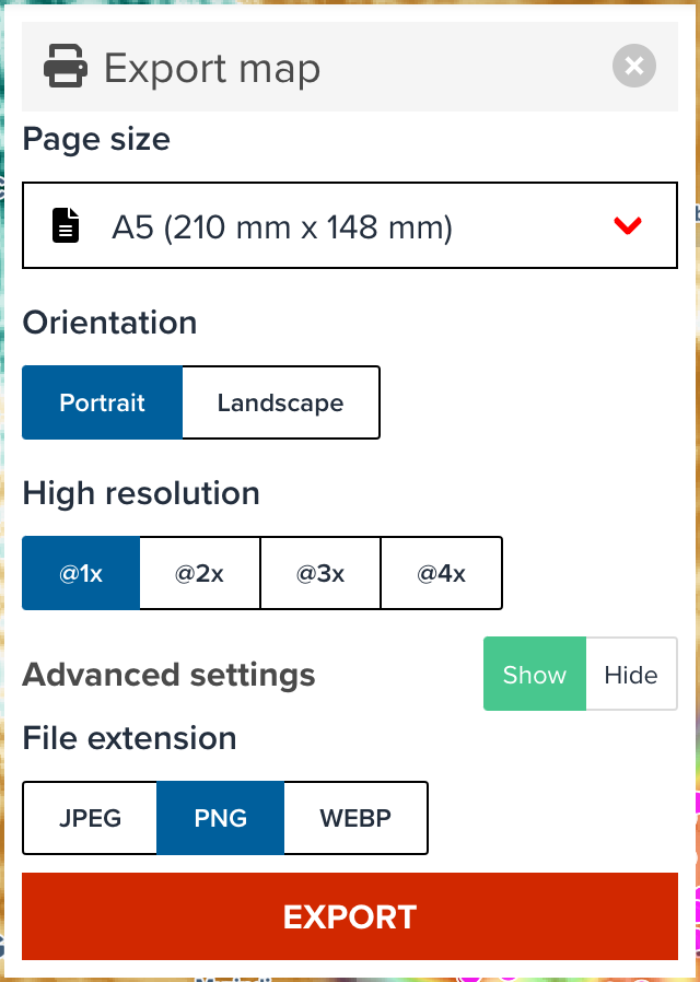 All options of map export control