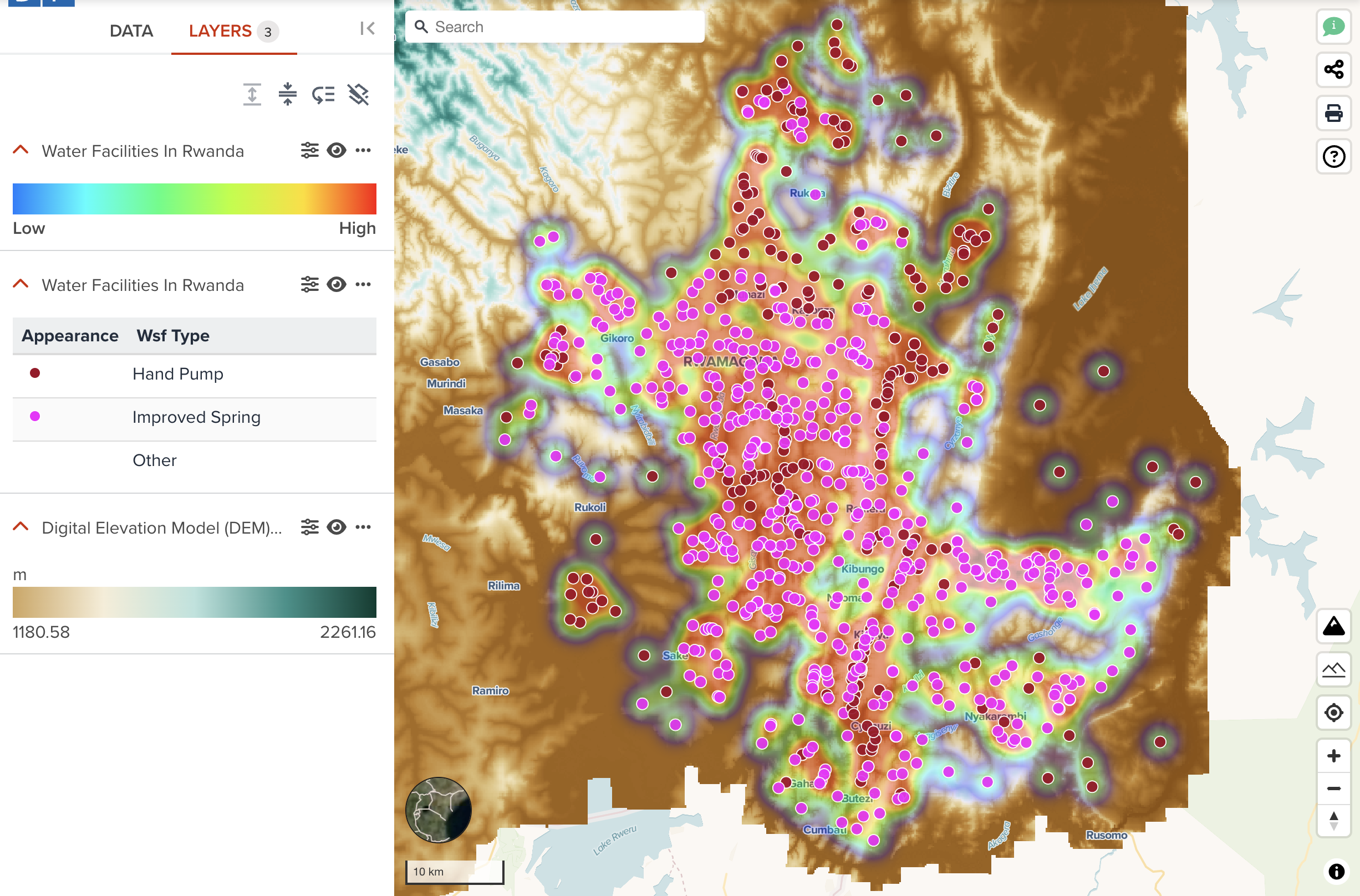 An example map to visualize the location and density of water facilities on digital elevation model at Eastern Province of Rwanda