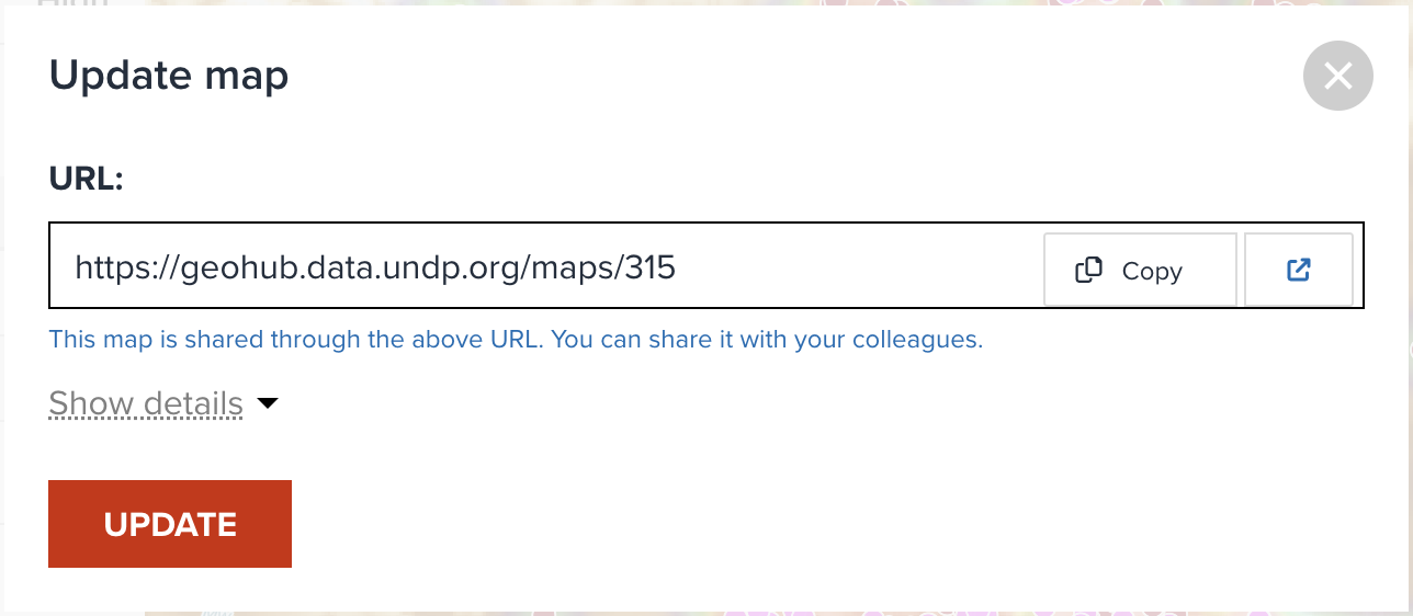 Shared URL is shown in the dialog after saving a map