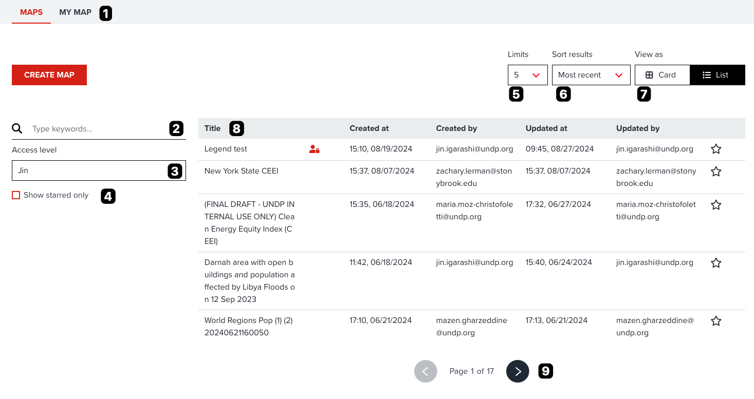 Overview of Maps page to explore existing maps in list view