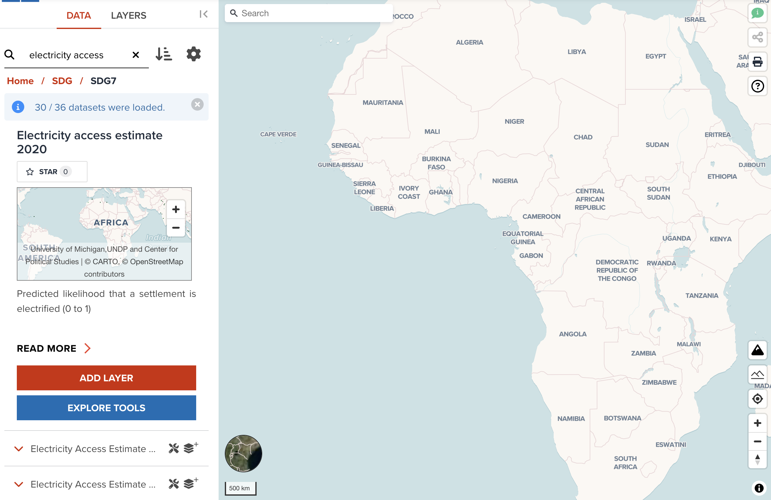 Searching Electricity access dataset at Data tab