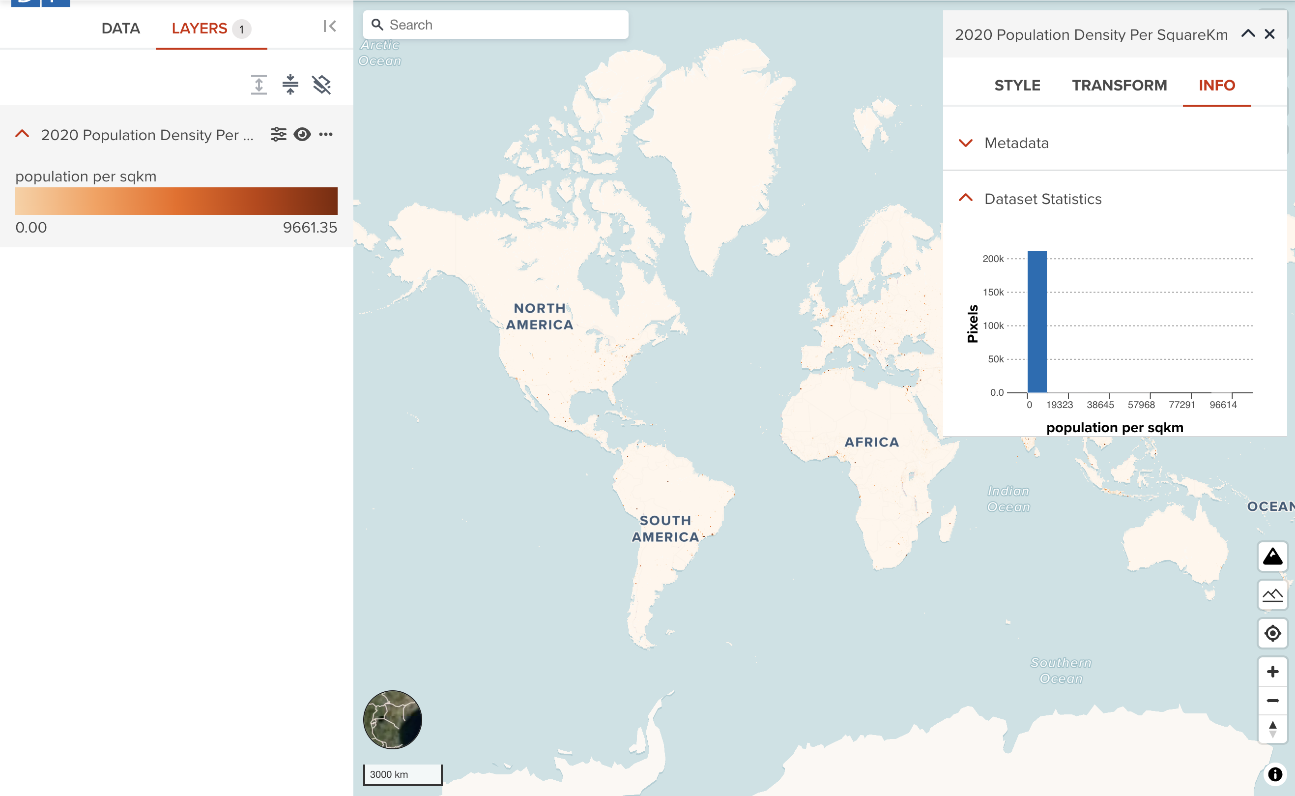 Highly skewed data example from Population Density of 2020 data in GeoHub