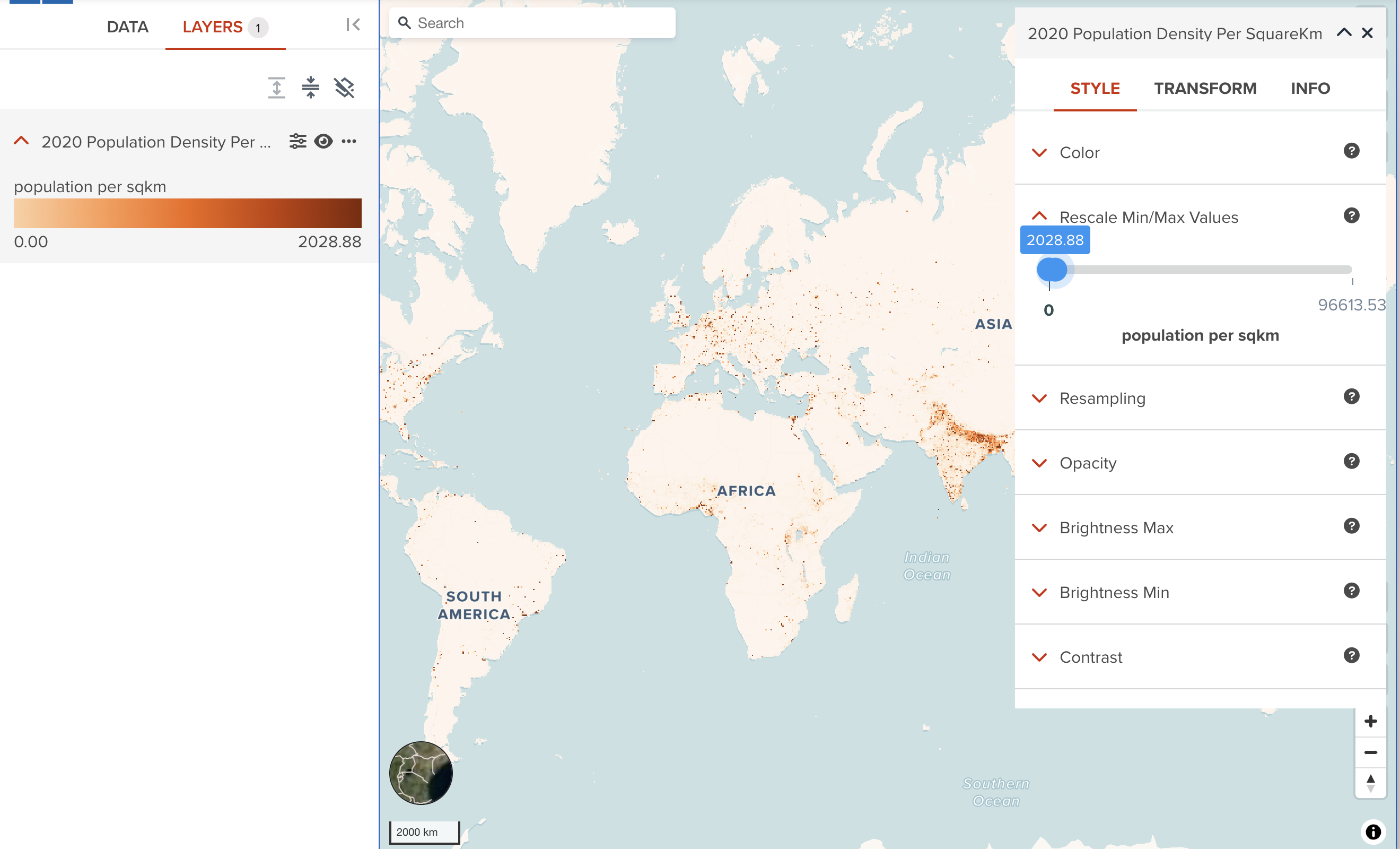 Highly skewed data example after rescaled from Population Density of 2020 data in GeoHub