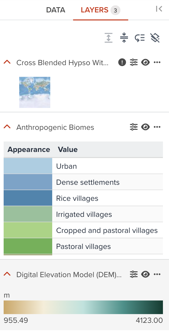 Three types of raster data in GeoHub. First layer is true color raster, second layer is unique value raster, and the last one is the most general raster which has linear values