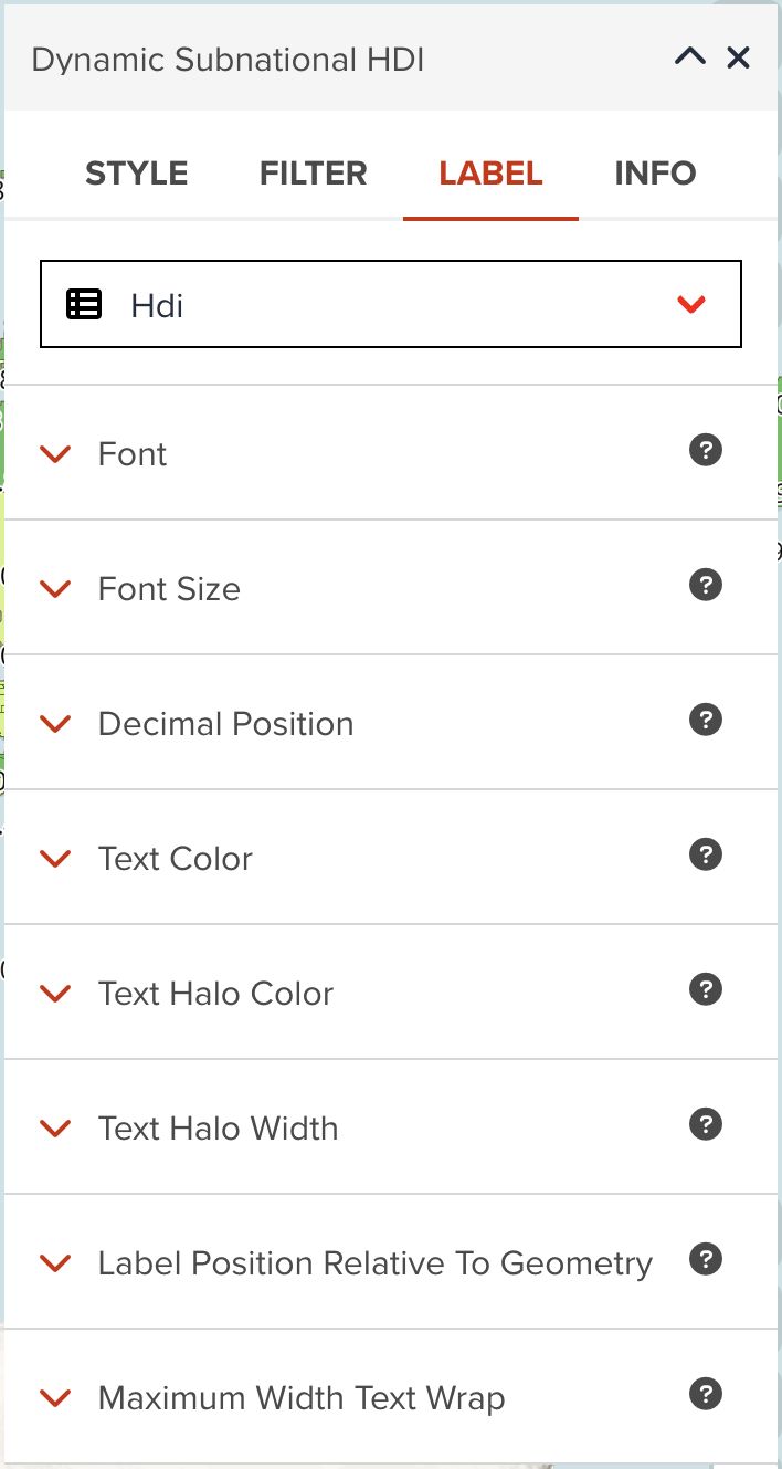 Available properties for labels